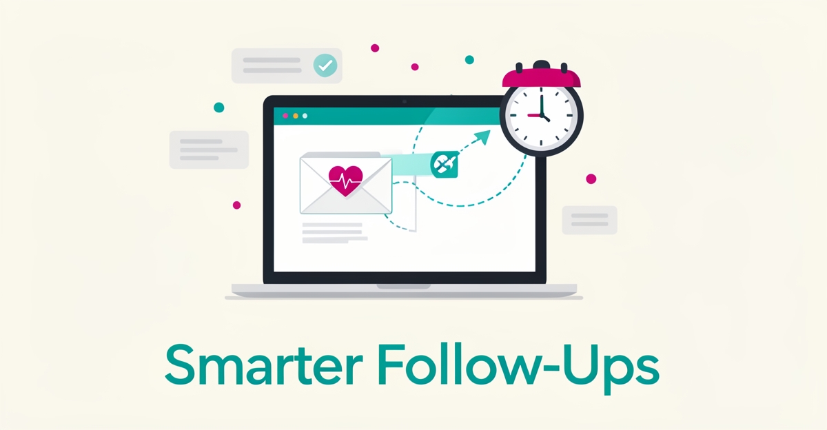 Flat illustration of a laptop sending automated recovery email icons to a calendar, accented in teal and magenta, with headline Smarter Follow-Ups.