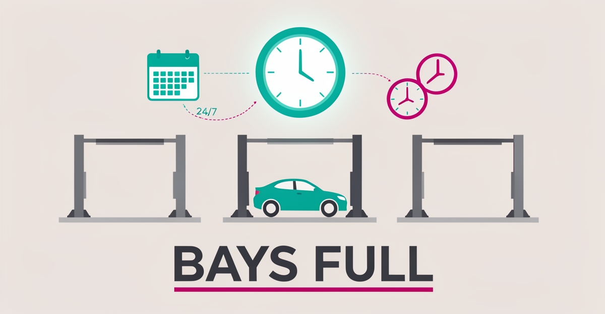 Flat illustration of service bays with calendar and clock icons showing automated 24/7 scheduling keeping auto repair bays full.