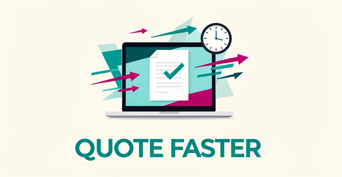 Flat illustration of a laptop generating an instant quote with speed lines and a clock, symbolizing faster customer quote automation.
