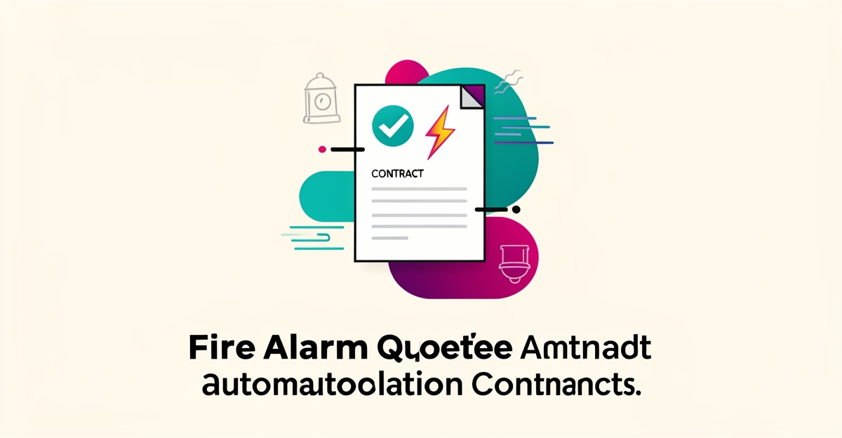 Flat illustration of an automated fire alarm quote document with speed icons in teal and magenta, titled Quotes in Seconds.
