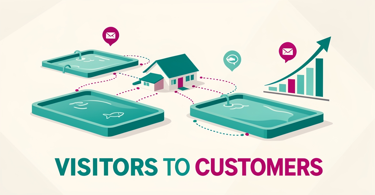 Flat illustration of a fish farm connected by automation pathways to email icons and a rising growth chart, symbolizing automated lead follow-up.