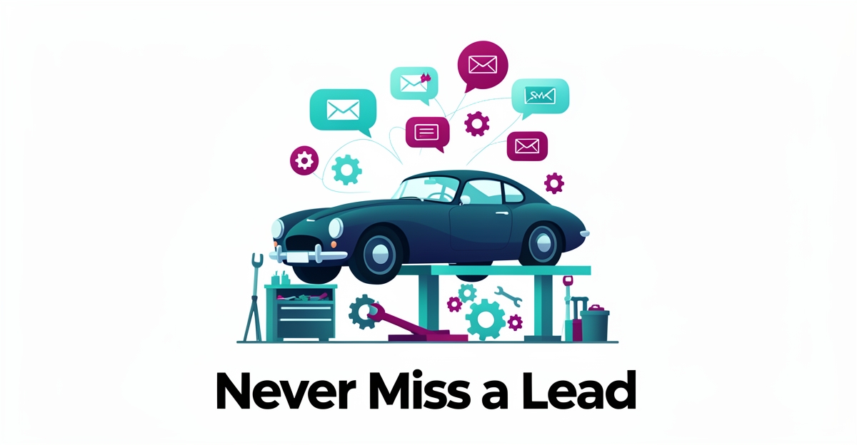 Flat illustration of a classic car in a restoration workshop with automated email and SMS follow-up icons in teal and magenta.