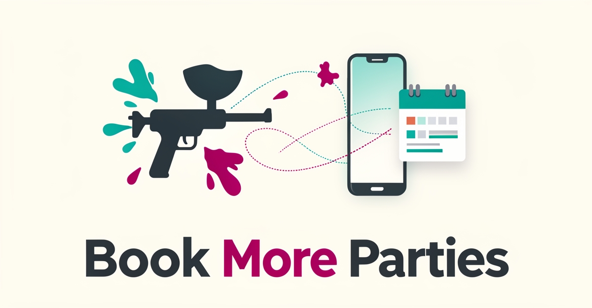 Flat illustration of paintball splashes connecting an inquiry phone to a booking calendar, symbolizing automated lead follow-up.