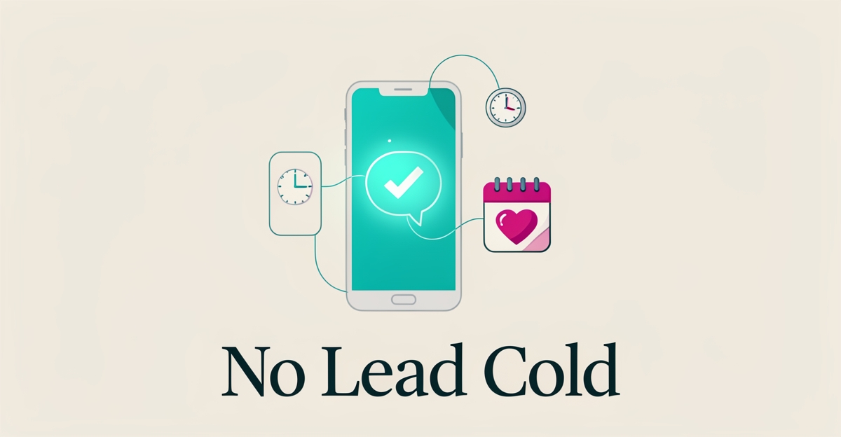 Flat illustration of a smartphone chat interface linked to a calendar and care heart, symbolizing automated respite care follow-ups.