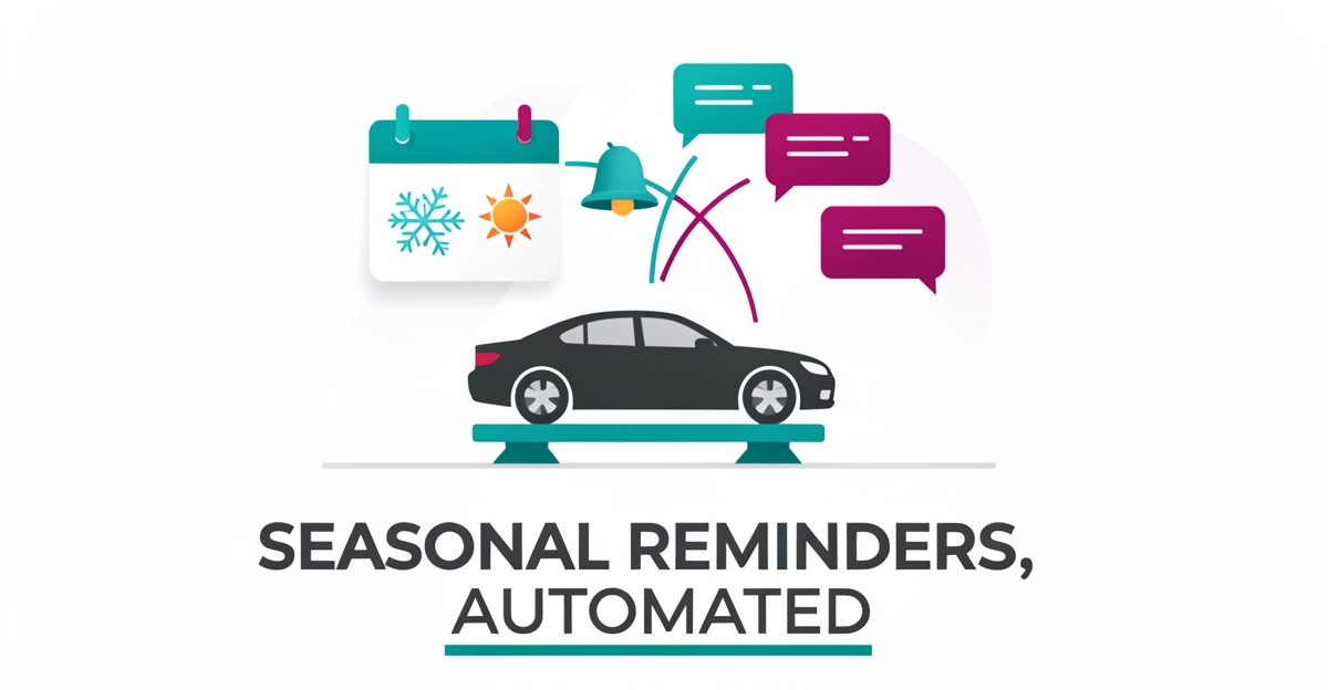 Flat illustration of a car on a service lift with a calendar and automated notification icons flowing toward it, symbolizing automated seasonal maintenance reminders for auto shops.