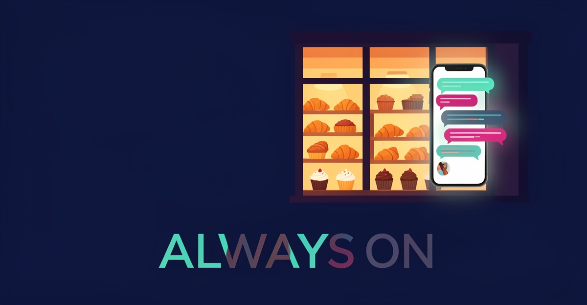 Flat illustration of a warmly lit bakery café at night beside a glowing chatbot interface, symbolizing 24/7 AI customer support.