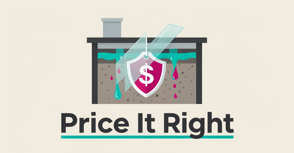 Flat illustration of a protected basement with transparent pricing elements, illustrating transparent waterproofing pricing that builds homeowner trust.