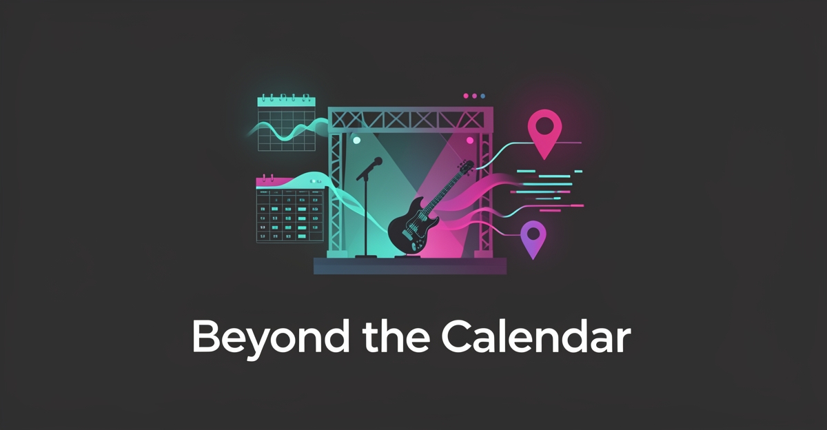 Flat illustration of a music venue stage merging with digital business tools like calendars and lead funnels in teal and magenta, with the headline Beyond the Calendar.