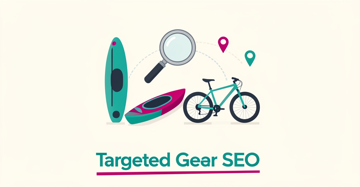 Flat illustration of a paddleboard, kayak, and fat bike with a search magnifying glass, accented in teal and magenta, with the headline Targeted Gear SEO.