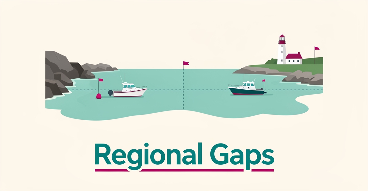 Flat illustration of two boats on coastal waters divided by a dotted provincial border, symbolizing regional website strategy differences.