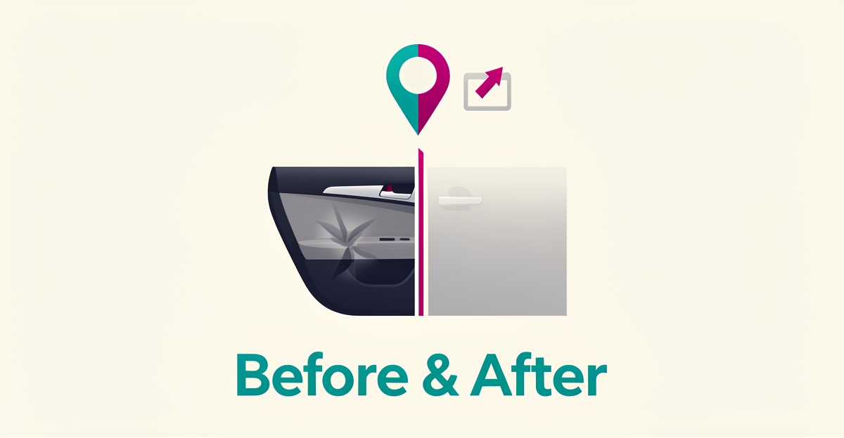 Flat illustration of a dented car panel transformed to smooth, with map pin and photo icons symbolizing local SEO growth.