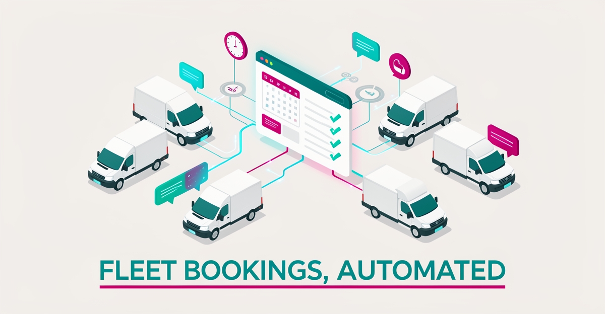 Flat illustration of a connected fleet of vans linked to an AI booking dashboard, symbolizing automated 24/7 fleet booking websites.