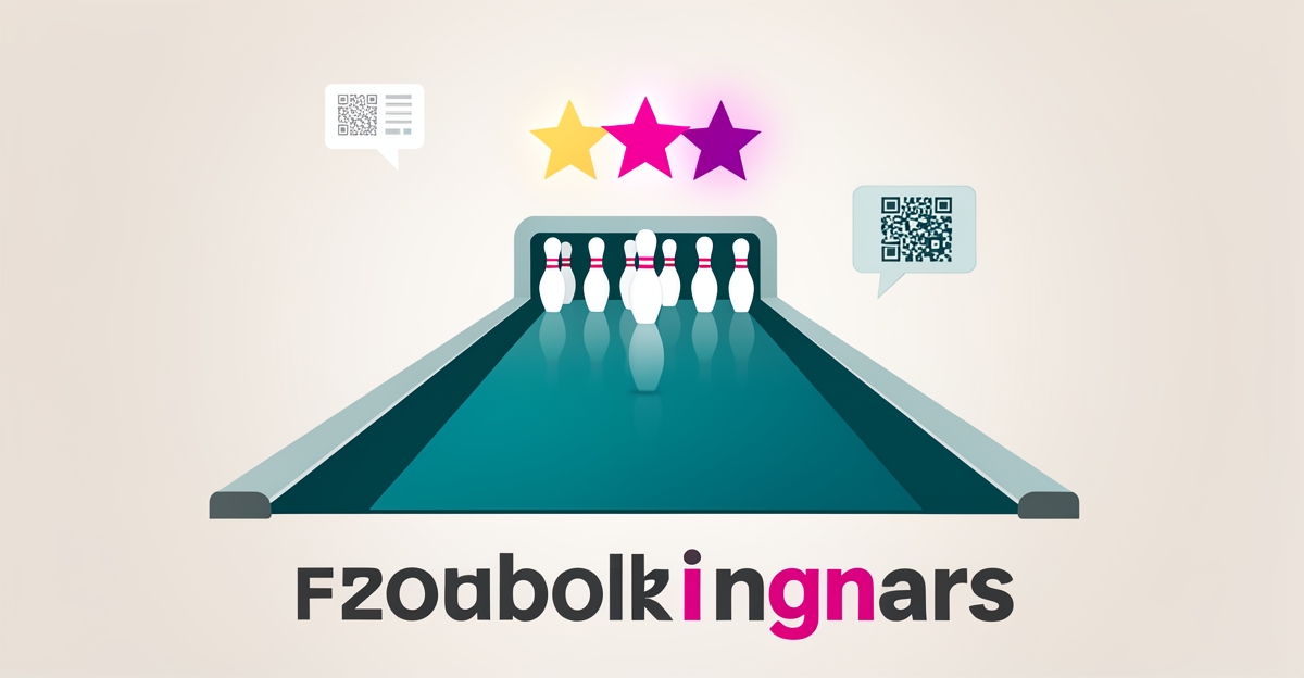 Flat illustration of a bowling lane with pins beneath a glowing five-star review graphic, symbolizing automated review requests for bowling alleys.