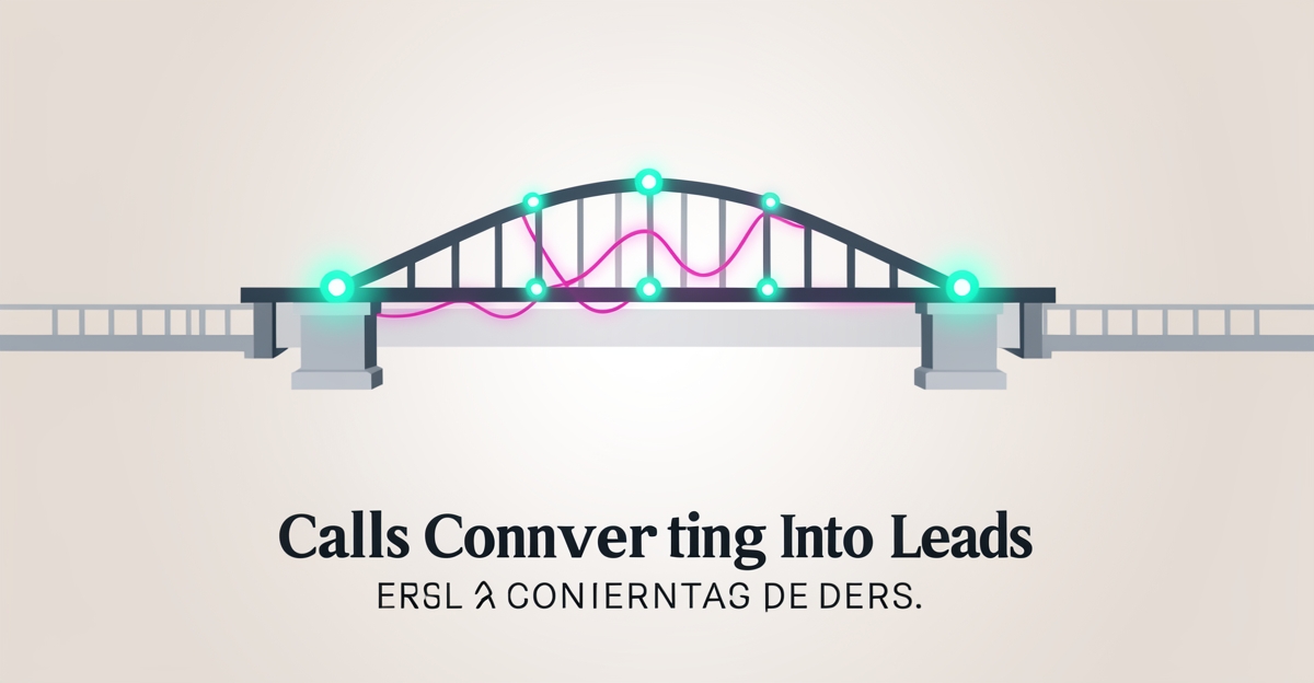Flat illustration of a stylized bridge with glowing teal and magenta signal pulses, symbolizing AI-powered call handling converting leads for bridge construction companies.