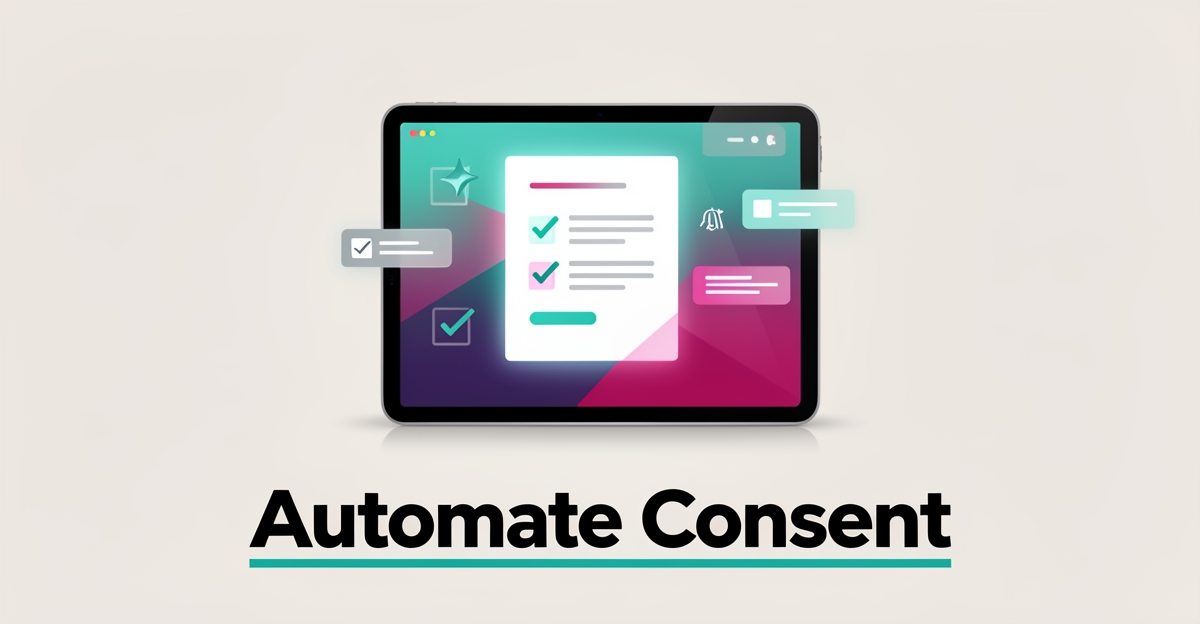 Flat illustration of a tablet displaying an AI-generated consent form and checklist with teal and magenta accents, headline reading Automate Consent.