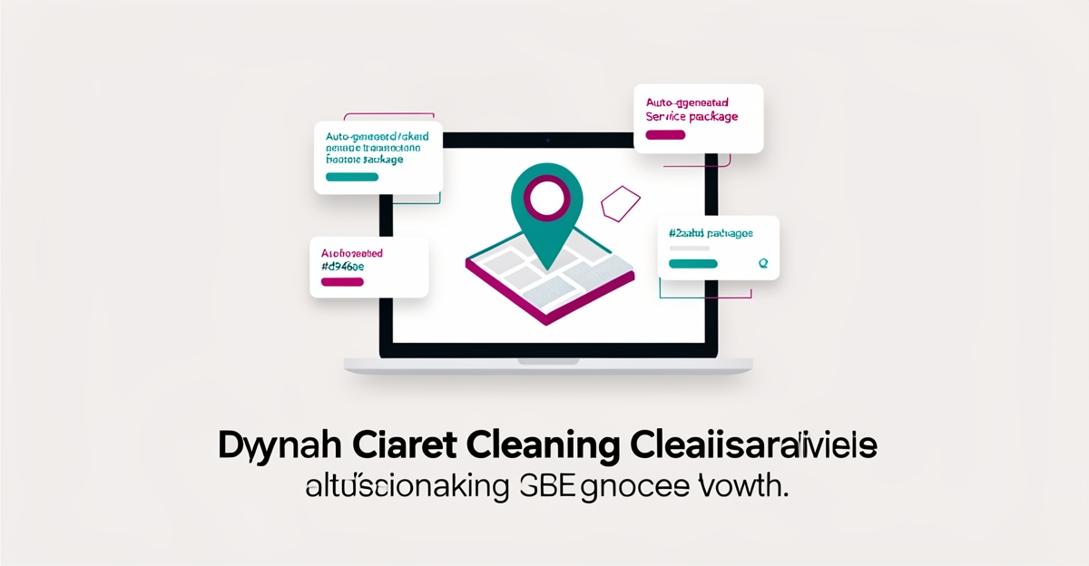 Flat illustration of a laptop showing AI auto-generated local carpet cleaning packages with map pins and brand accent colors.