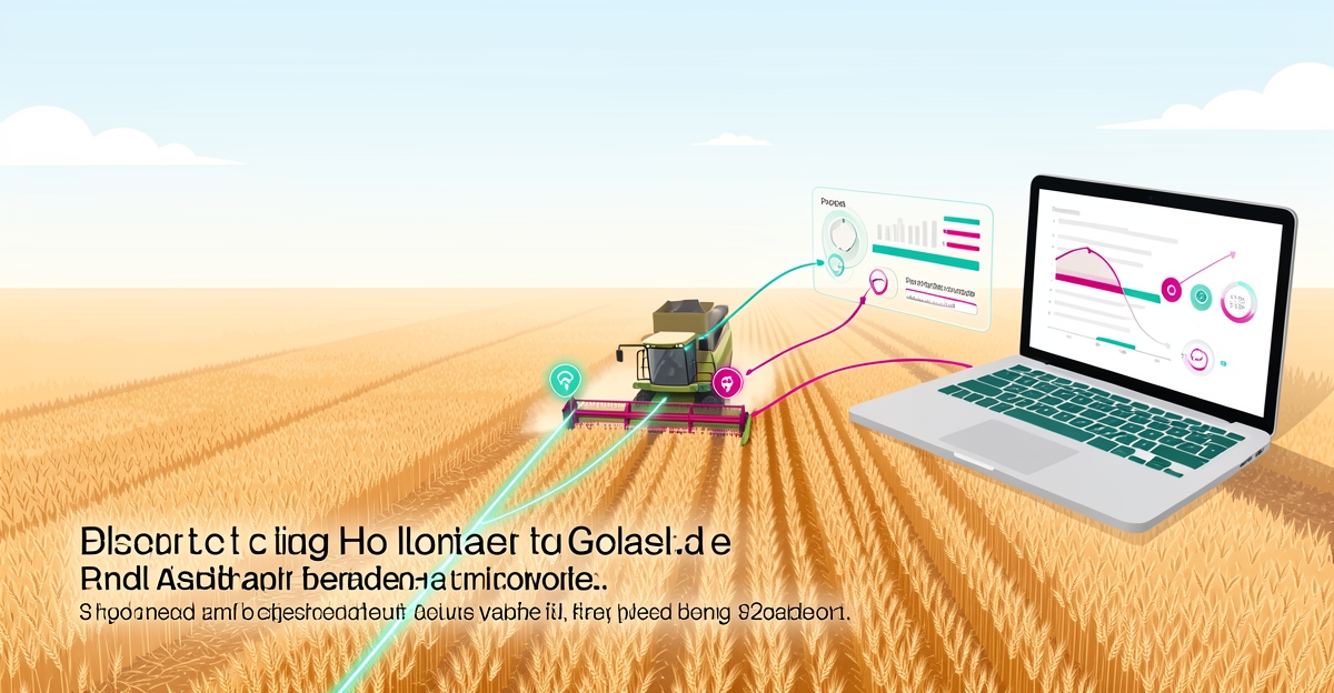 Flat illustration of a combine harvesting wheat fields connected by teal and magenta digital tracking lines to a dashboard interface, symbolizing real-time harvest transparency.
