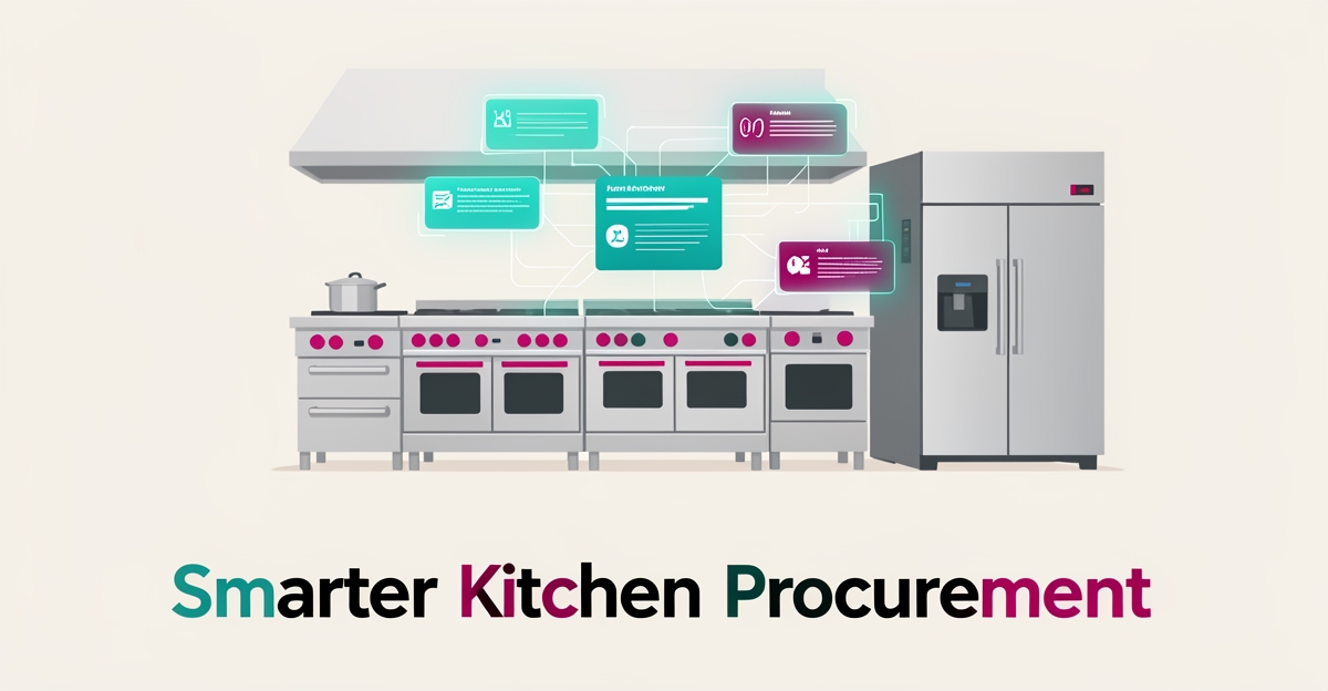Flat illustration of a commercial kitchen with AI recommendation interface elements in teal and magenta accent colors.