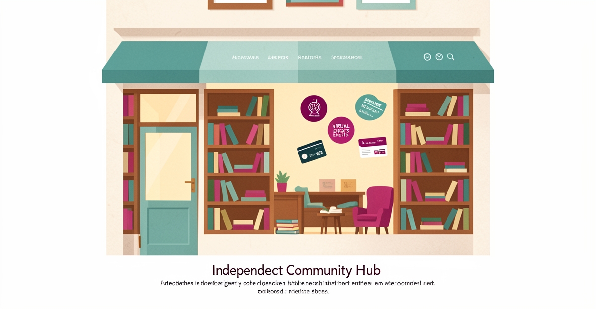 Flat illustration of an indie bookstore community hub with shelves, books and event icons in teal and magenta accents.