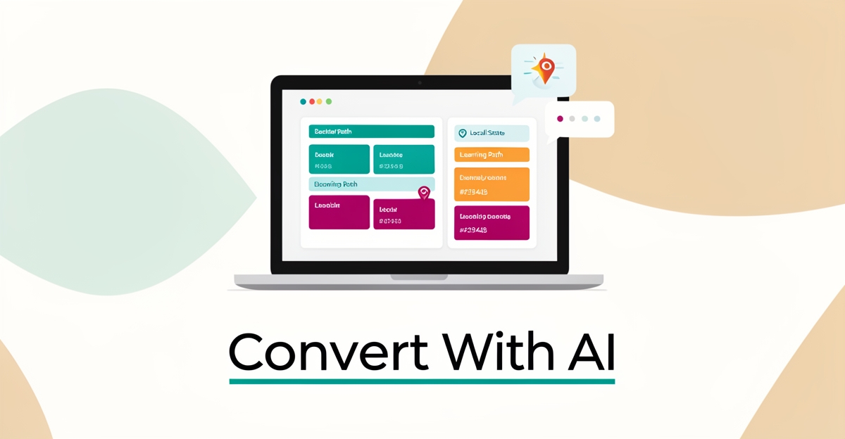 Flat illustration of a laptop showing a modular homeschool curriculum dashboard with a location pin and AI chat icon in teal and magenta brand colors.