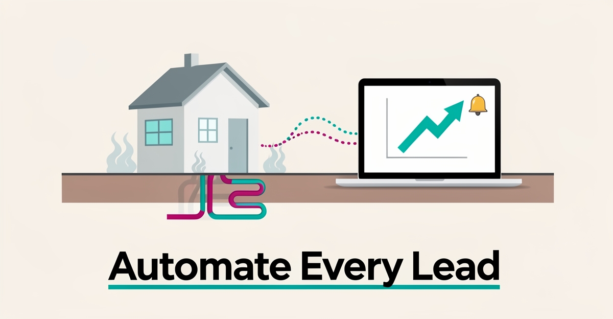 Flat illustration of a geothermal home system linked to a laptop showing automated lead conversion analytics in teal and magenta.