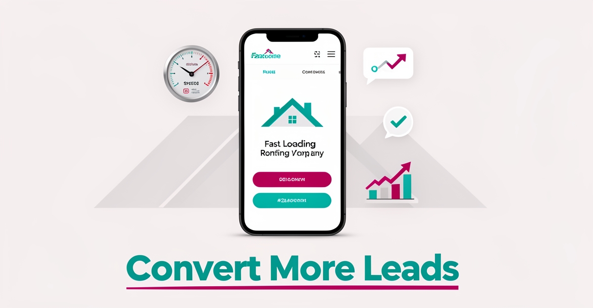 Flat illustration of a smartphone showing a fast roofing website with speed and conversion graphics, headlined Convert More Leads.