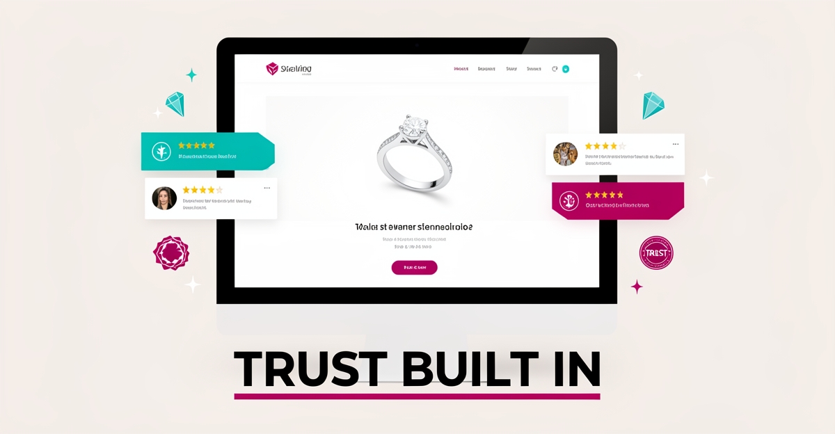 Flat illustration of a jewelry studio website with floating star review cards and trust badges in teal and magenta accents.