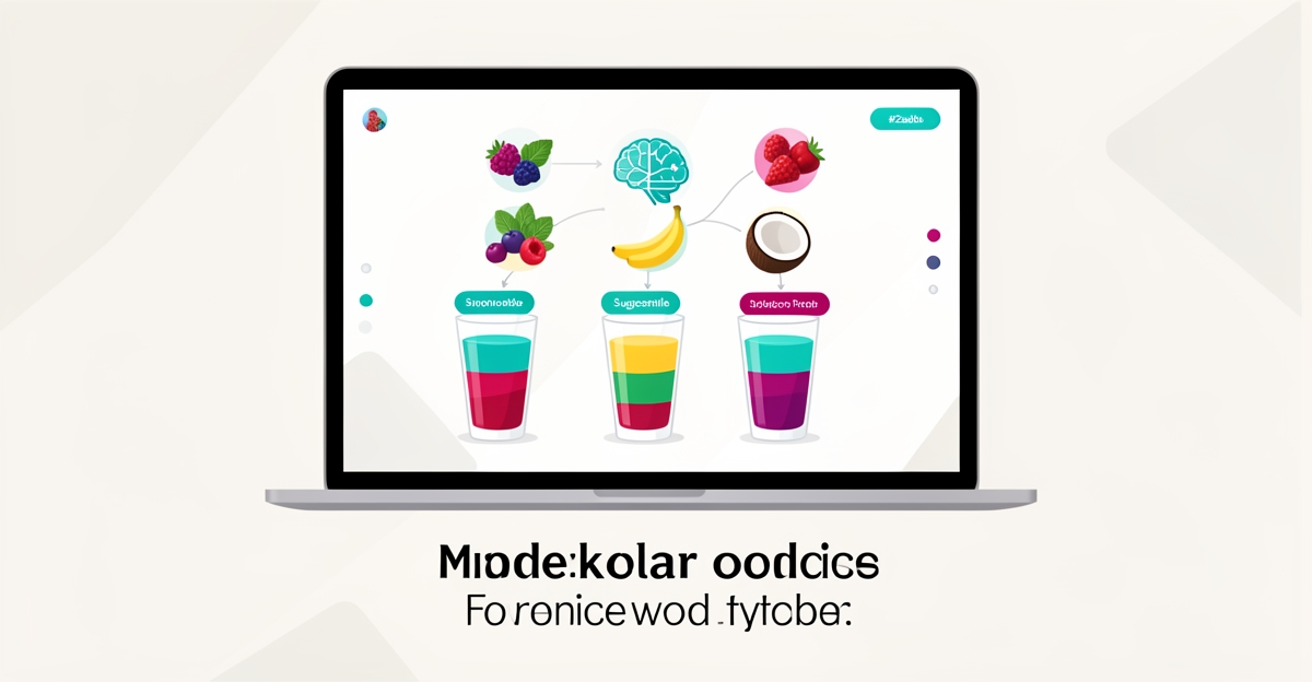 Flat illustration of a juice bar website suggesting personalized smoothies with AI and colorful ingredients on a minimalist background.