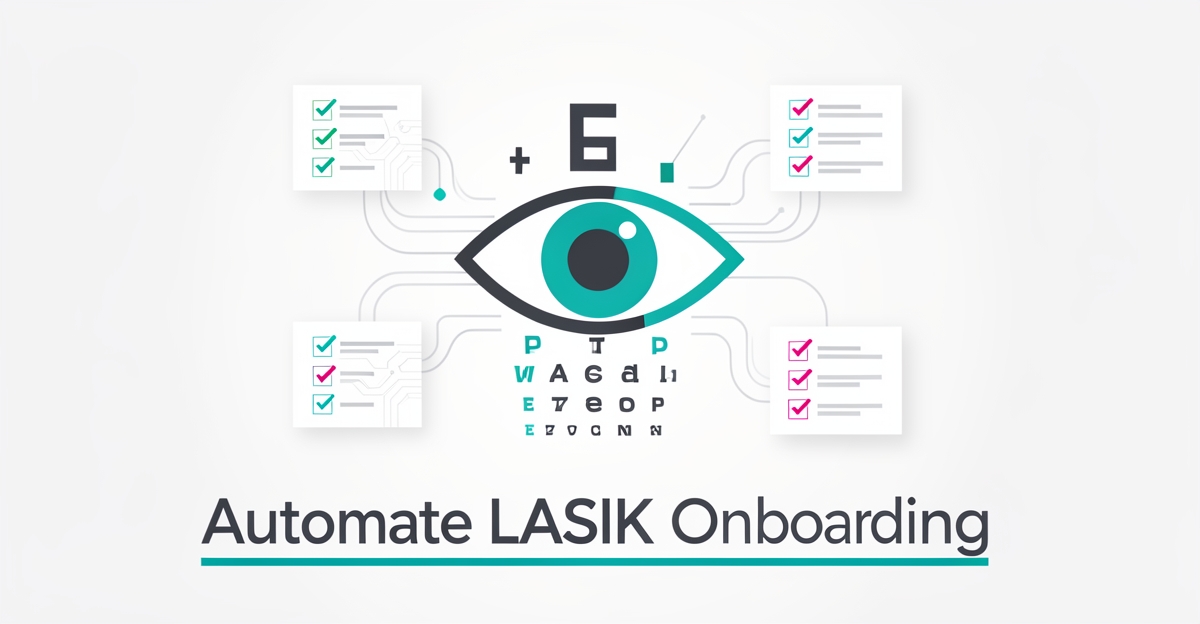 Flat illustration of an eye chart and digital AI checklists automating LASIK patient onboarding, accented in teal and magenta.