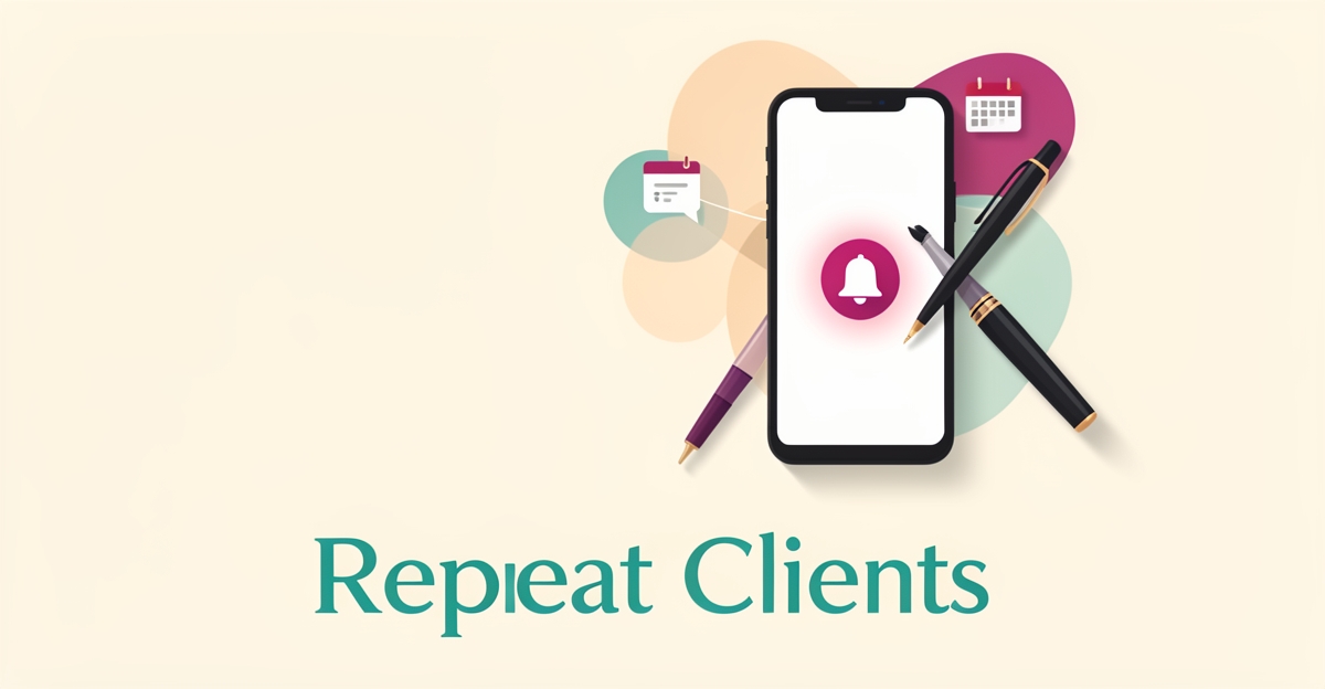Flat illustration of a microblading tool beside a smartphone with notification icon, symbolizing automated post-service client follow-ups.