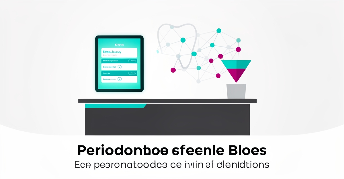 Flat illustration of AI-driven periodontics website conversion with digital funnel and dental icons in teal and magenta accents.