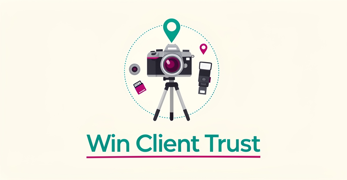 Flat illustration of a camera on a tripod surrounded by map coverage pins and gear icons, symbolizing trust-building photography websites.