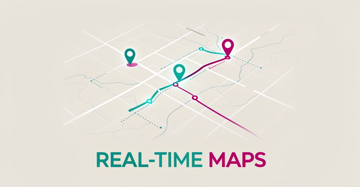 Flat illustration of a pipeline route on a real-time service map with location pins in teal and magenta, headlined Real-Time Maps.
