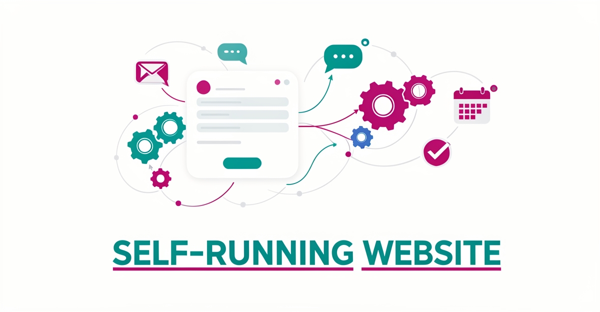 Flat illustration of a website form feeding an automated follow-up pipeline with teal and magenta accents, headline reading Self-Running Website.