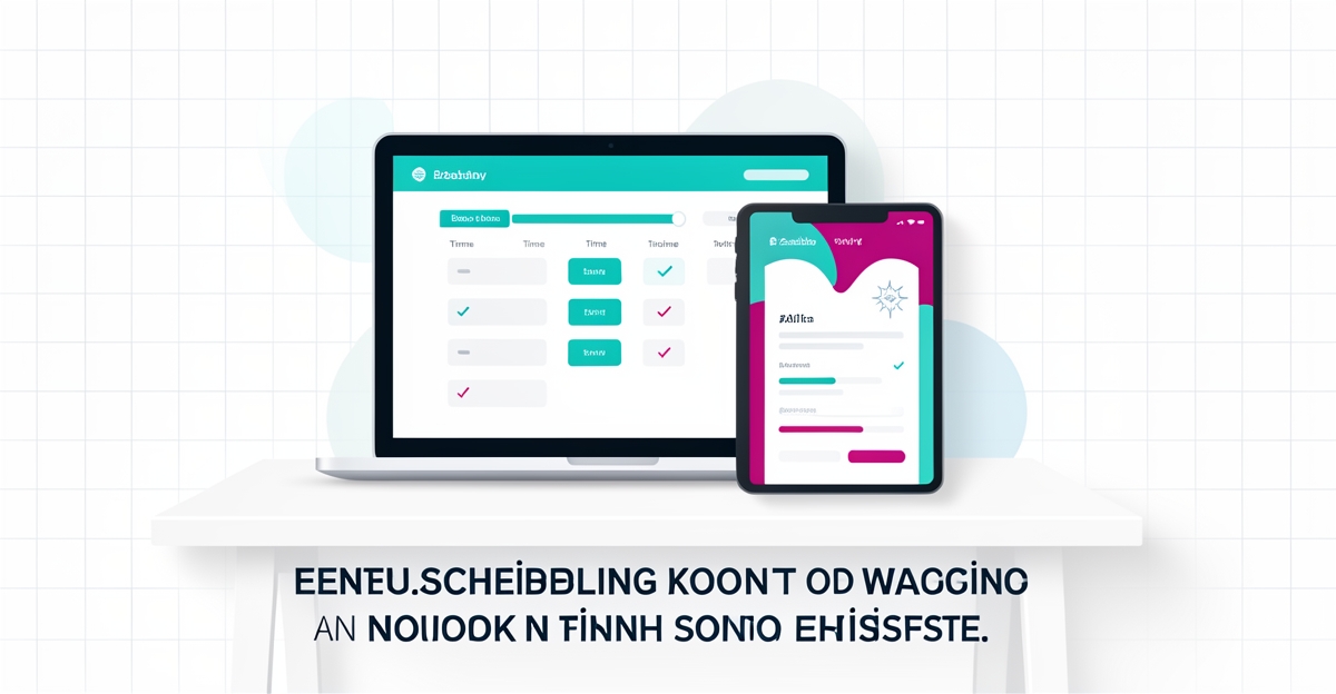 Flat illustration of a laptop showing AI self-scheduling calendar with teal and magenta accents to boost efficiency.