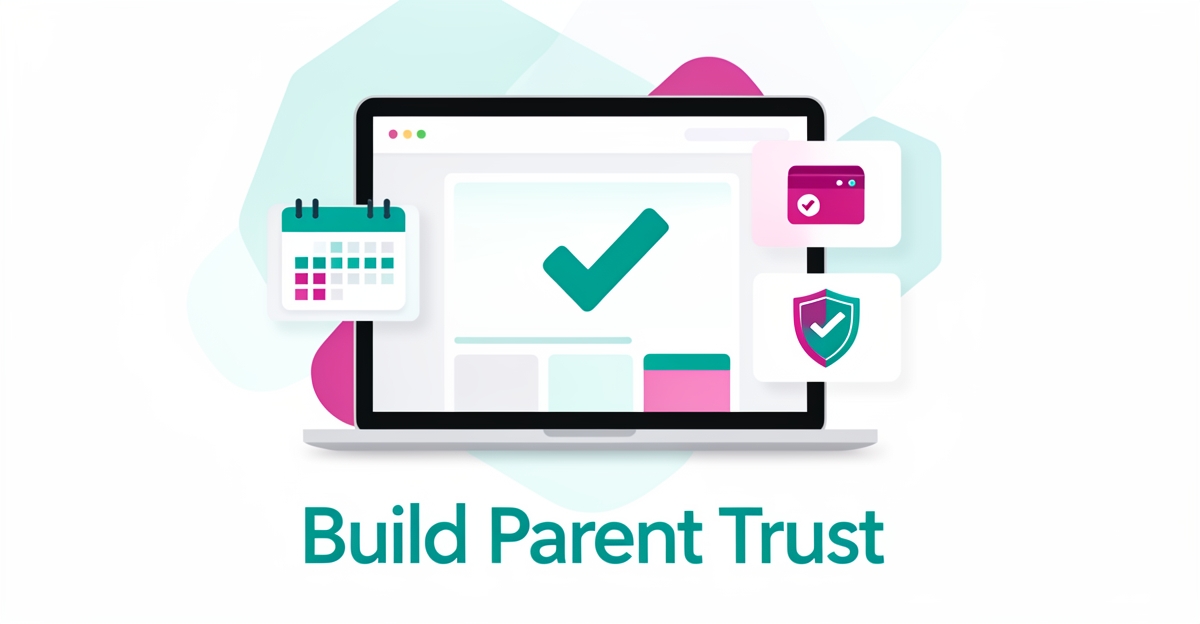 Flat illustration of a laptop showing an after-school program enrollment website with trust, calendar, and payment icons in teal and magenta.