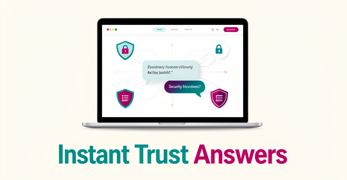 Flat illustration of a laptop with an AI chatbot answering data security questions, accented with shield icons in teal and magenta.
