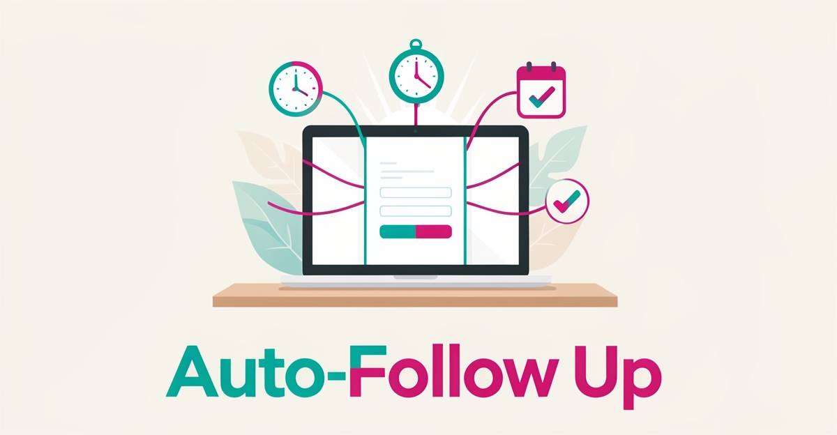 Flat illustration of a website sending instant automated follow-up messages with clock and calendar icons in teal and magenta.