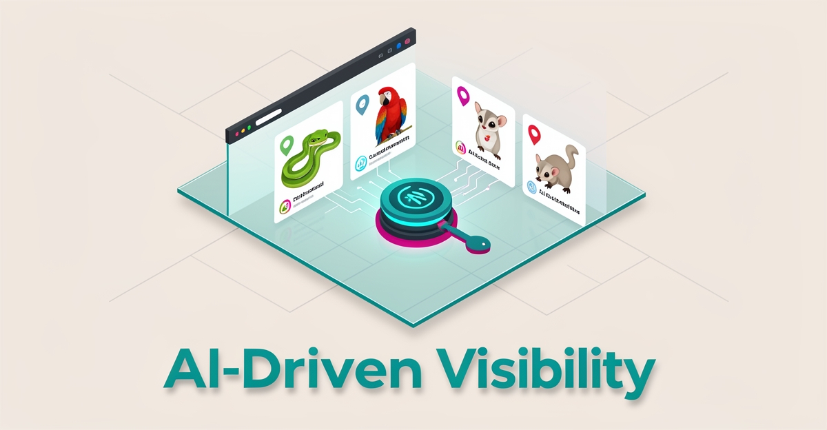 Flat illustration showing auto-generated species SEO cards for reptiles, birds, and mammals feeding into an AI search engine with teal and magenta accents.