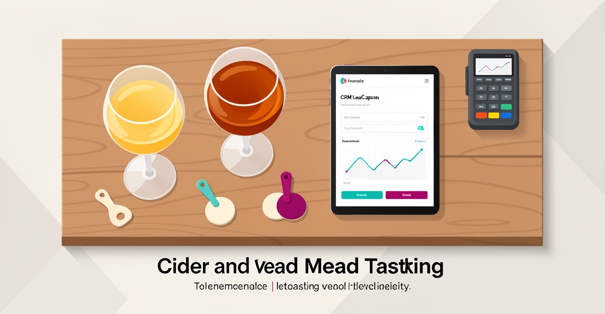 Flat illustration of cider and mead tasting glasses with tablet CRM for auto-tracking event leads.