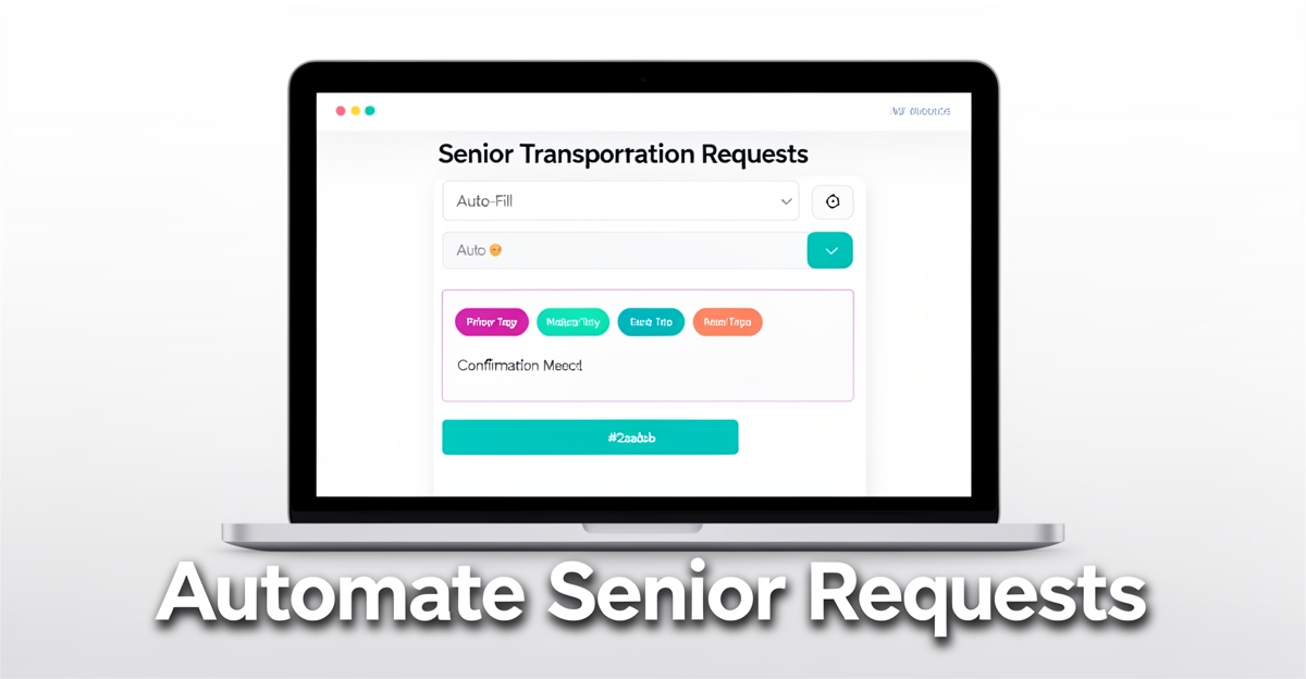 A minimalist flat illustration of a website interface automating senior transportation requests, featuring form fields, priority tags, and brand-colored accents in a professional modern style.