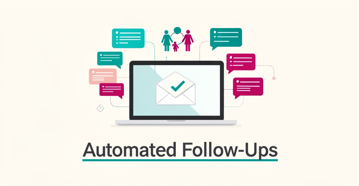 Flat illustration of a laptop sending automated personalized follow-up message cards to parents, accented in teal and magenta.