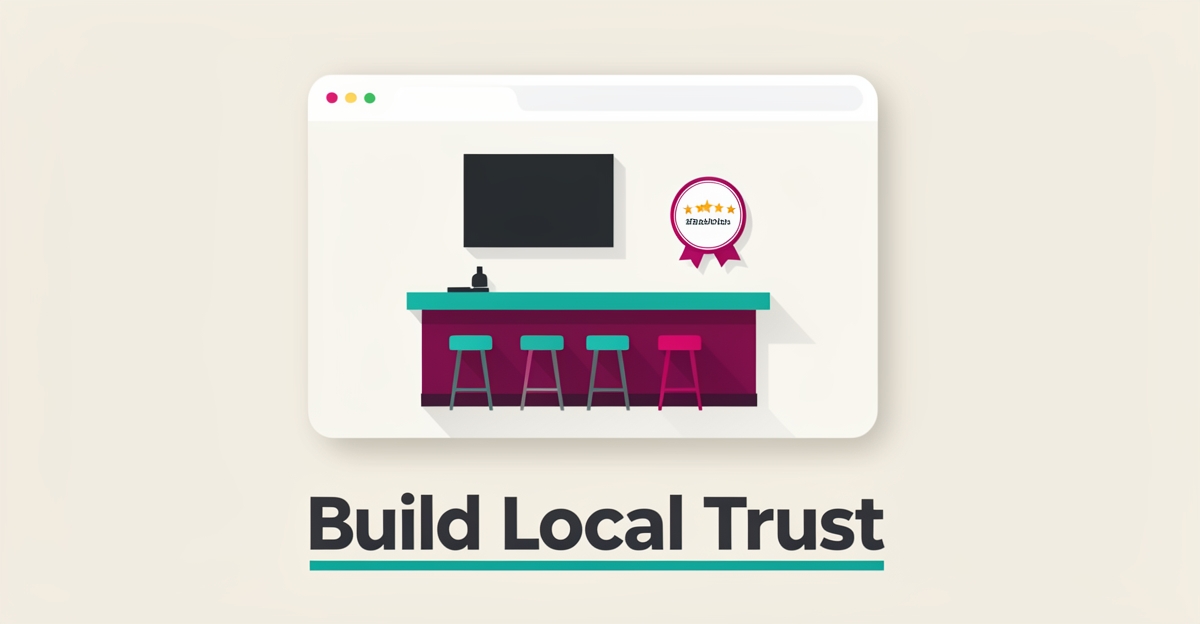 Flat illustration of a sports bar inside a browser window with trust rating stars, accented in teal and magenta, with headline Build Local Trust.