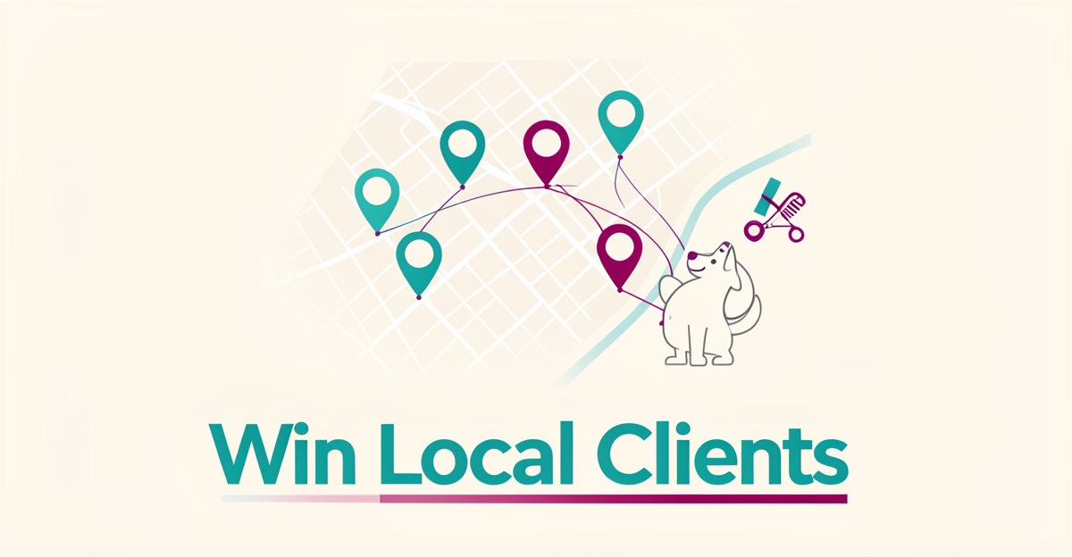 Flat illustration of a neighborhood map with location pins and a dog silhouette representing local pet grooming service area pages.