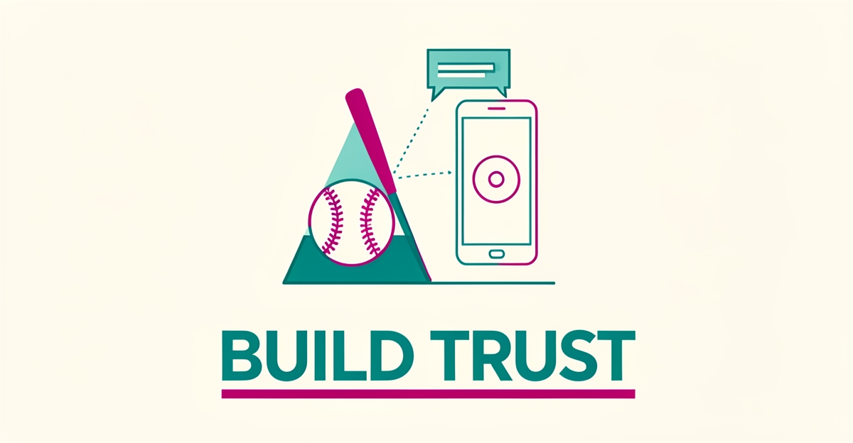 Minimalist flat illustration of baseball equipment with a smartphone notification, symbolizing automated communication that builds parent trust, accented in teal and magenta.