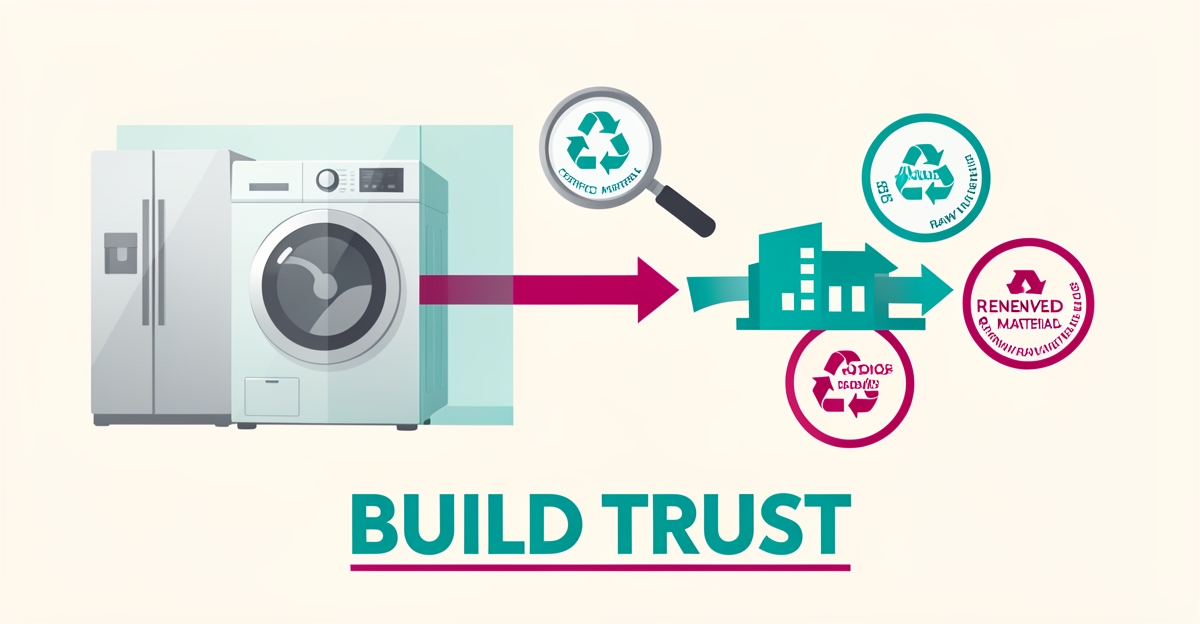 Flat illustration of appliances flowing through a transparent certified recycling process into renewed materials, accented in teal and magenta with the headline Build Trust.