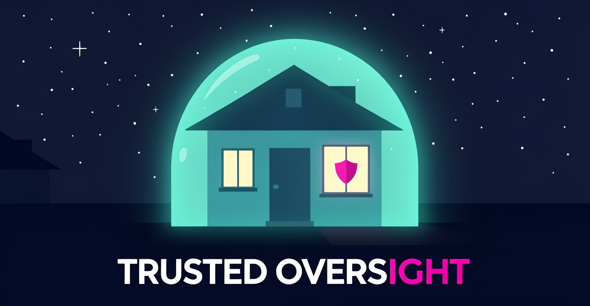 Flat illustration of a house at night wrapped in a glowing teal protective light with a magenta shield icon, symbolizing trustworthy overnight home monitoring.