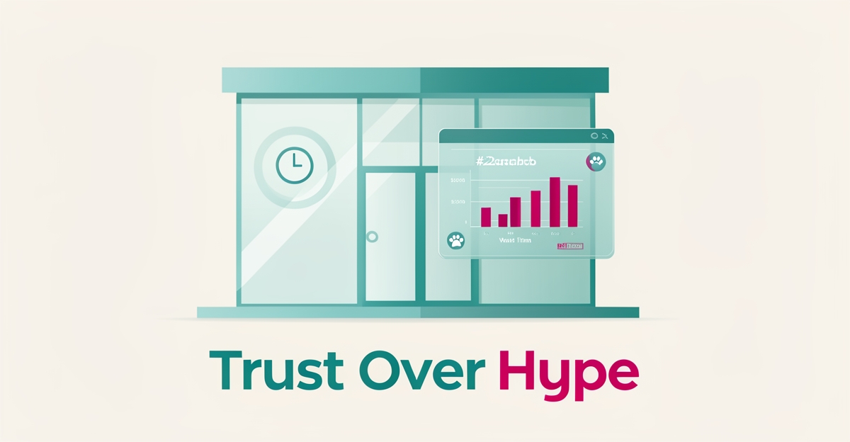 Flat illustration of a transparent emergency vet clinic with dashboard showing wait times, headlined Trust Over Hype.