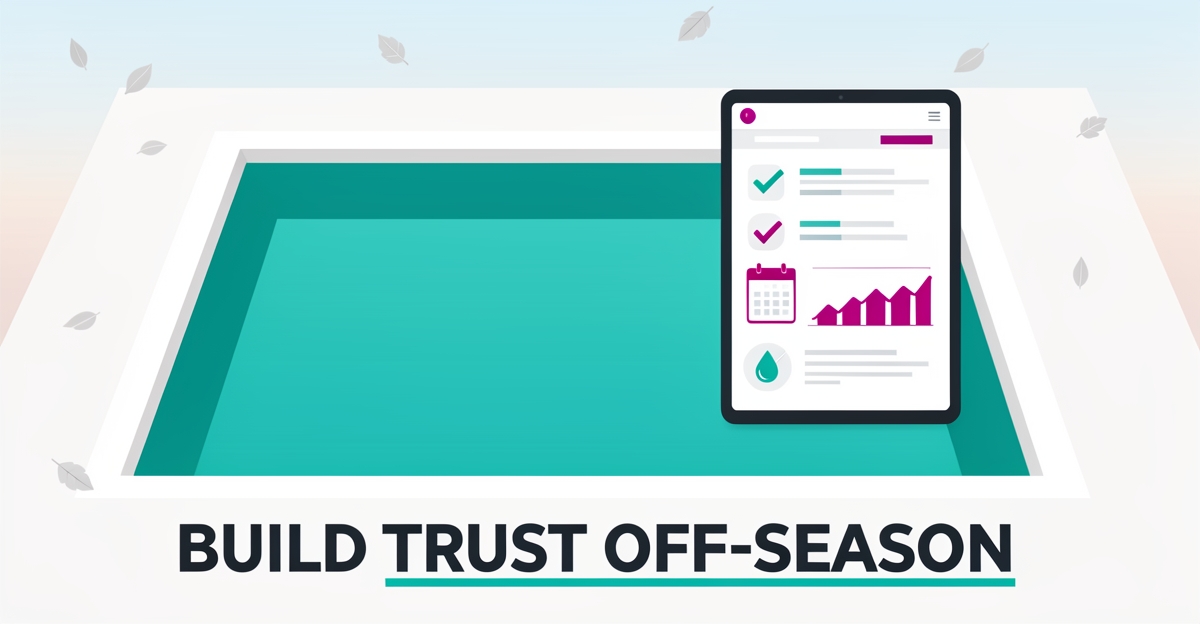 Flat illustration of a swimming pool with a digital service dashboard, symbolizing transparency tools that maintain customer trust during pool service off-seasons.