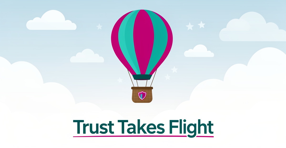Flat illustration of a teal and magenta hot air balloon rising through clouds with subtle shield and star motifs symbolizing trust and safety.